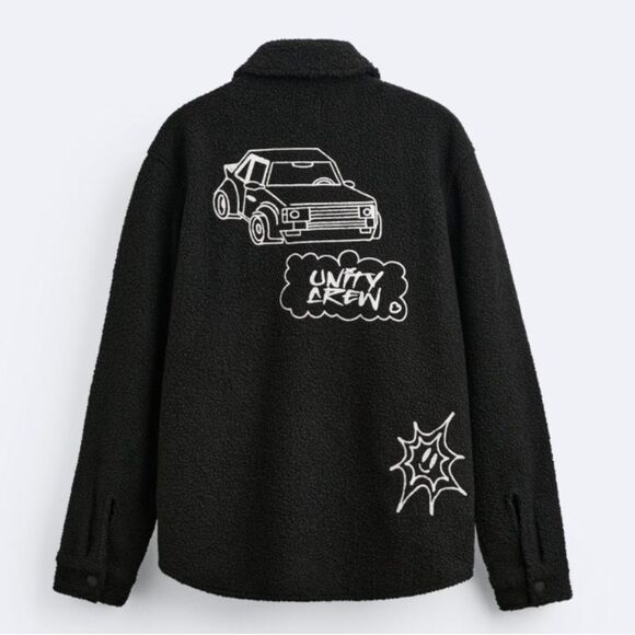 Zara Black Embroidered Faux Shearling Streetwear Utility Overshirt Size L/XL - Picture 6 of 16